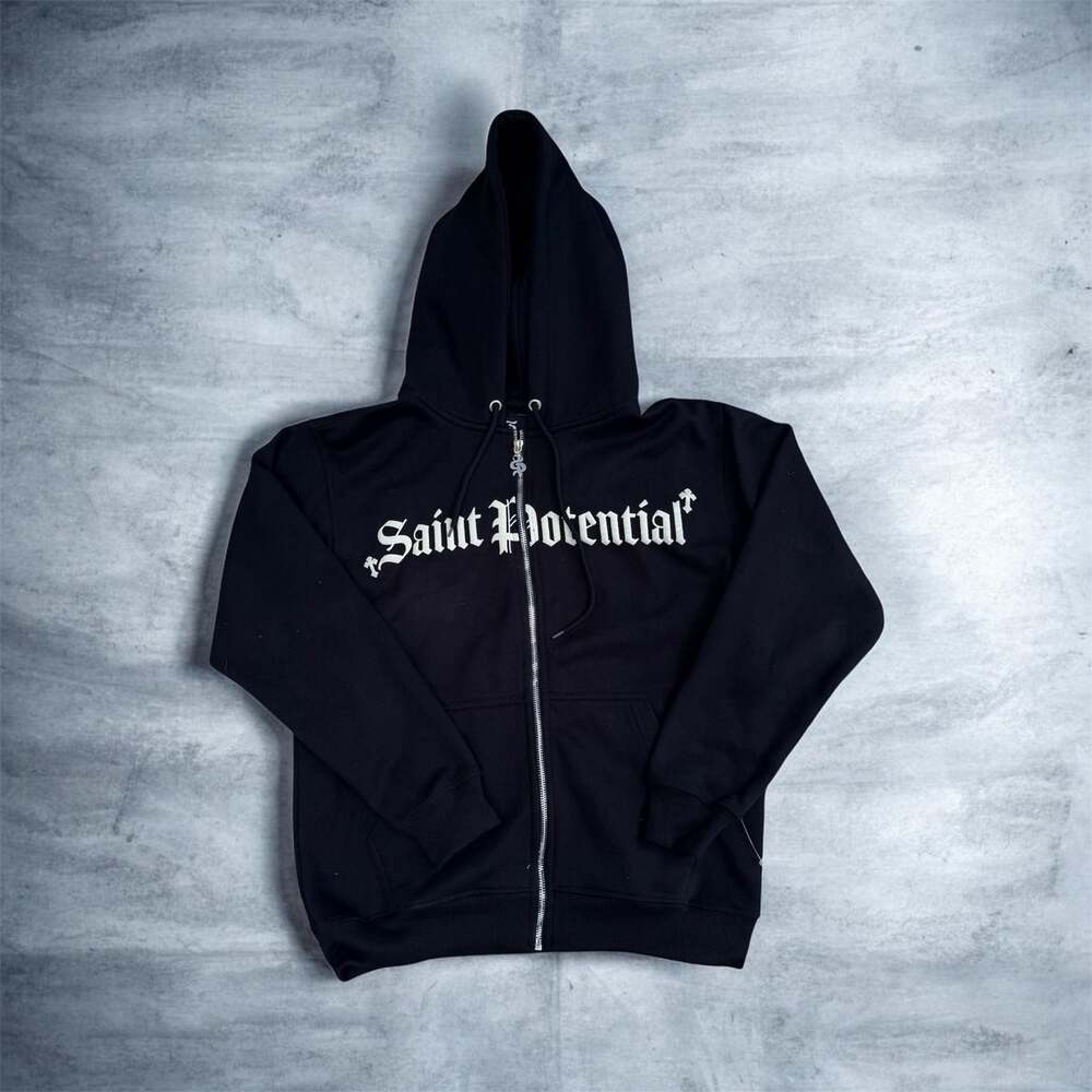 Saint Potential Black Full Zip Hoodie with Angel Back Graphic Size S